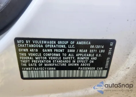 2014 Volkswagen Passat 1.8T Se from USA, damaged, VIN 1VWBT7A31EC113864